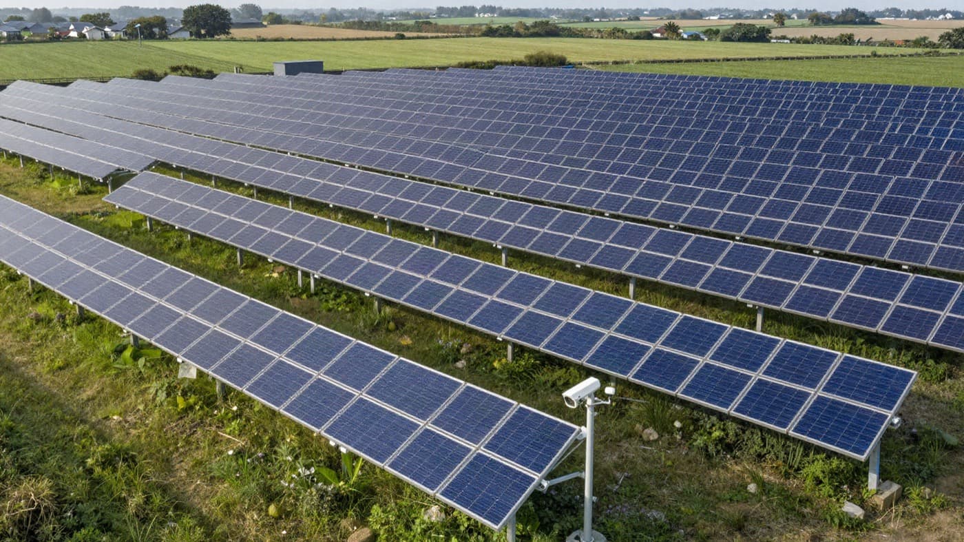 Solar farm with a security camera pole