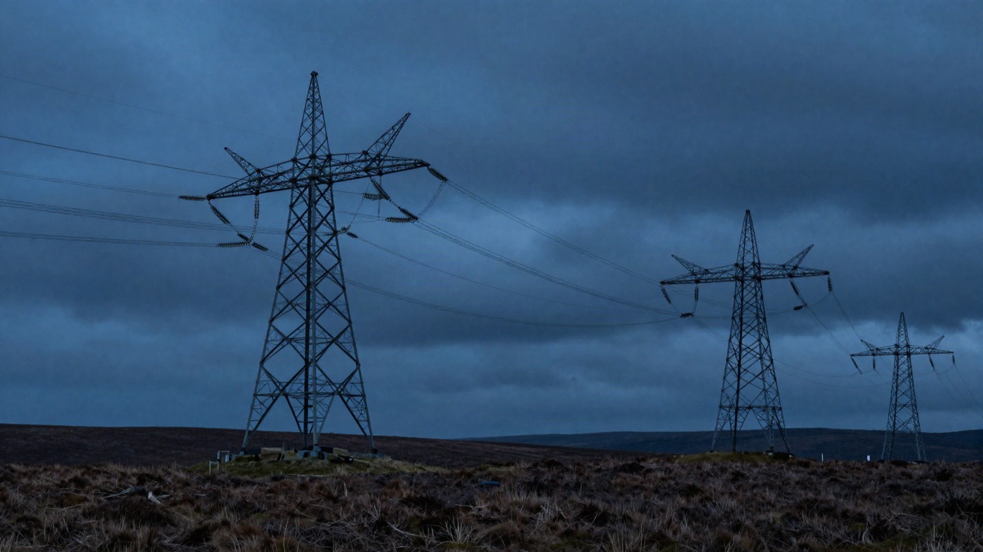 Overhead transmission line pylons at dusk